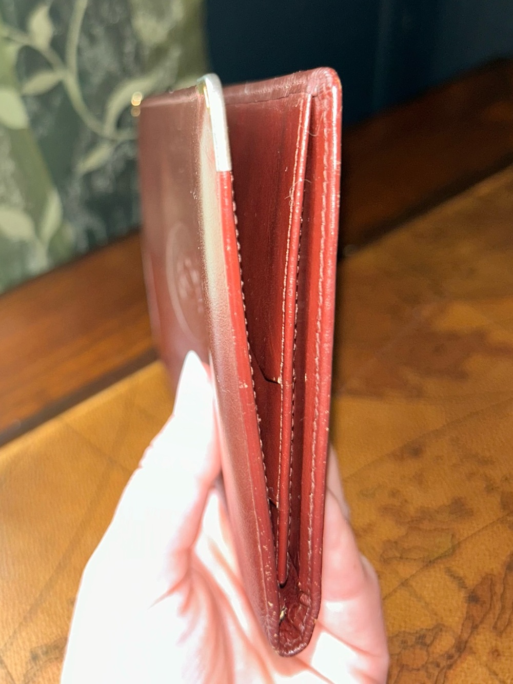Vintage Cartier Bordeaux Burgundy Leather Long Wallet with Gold Corners -EUC- - Picture 13 of 16